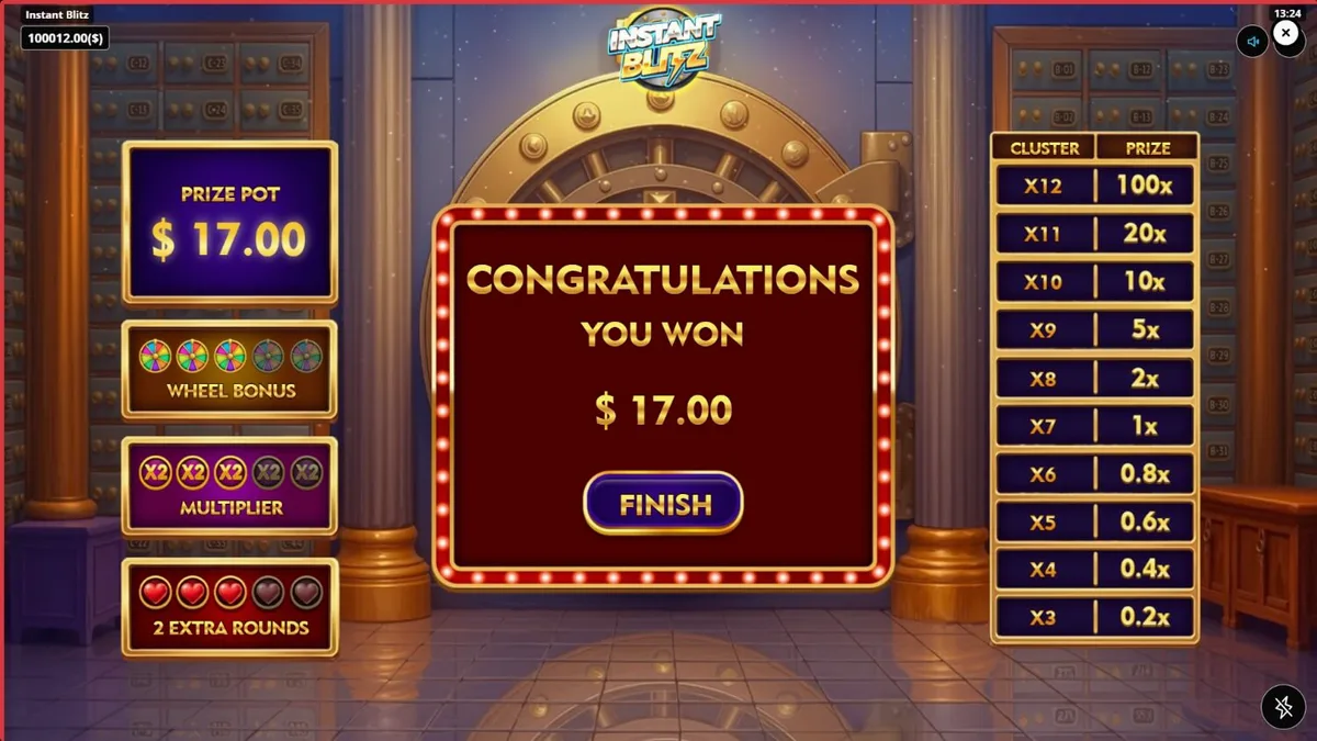 Tampilan visual slot Instant Blitz dengan tema brankas neon dan simbol emas yang berkilauan.