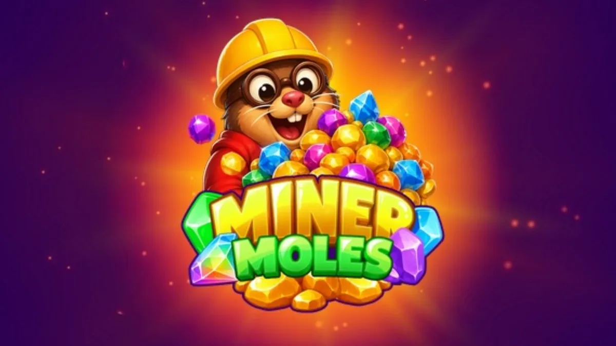 Tampilan visual slot Miner Moles dengan karakter mole lucu di dalam gua kristal